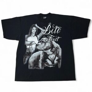 Vintage Y2K Pitbull Chicano Tattoo Babe Dog Bite First Script 3XL T-shirt